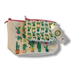 Crane Recycled Cactus Print Pouch Set Eco Friendly Cosmetic Travel Bags NWT